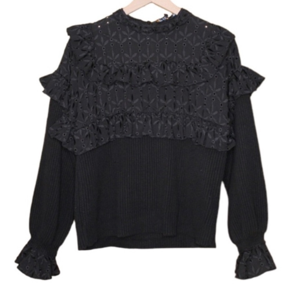 ZARA Black Ribbed Mixed Media Ruffle Crochet Sweater‎ Blouse